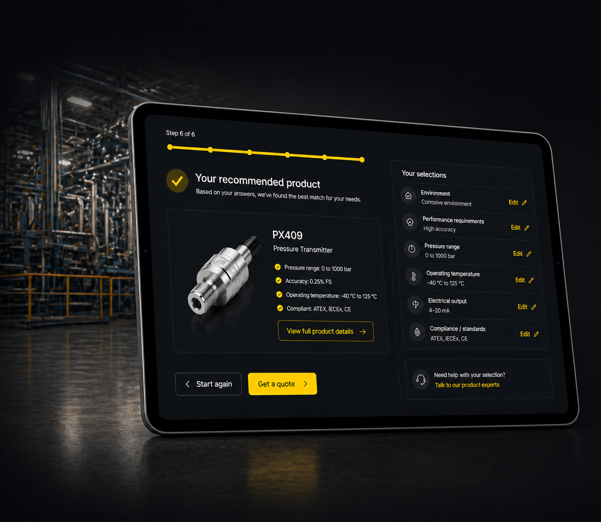 Product selector final screen showing recommended product result