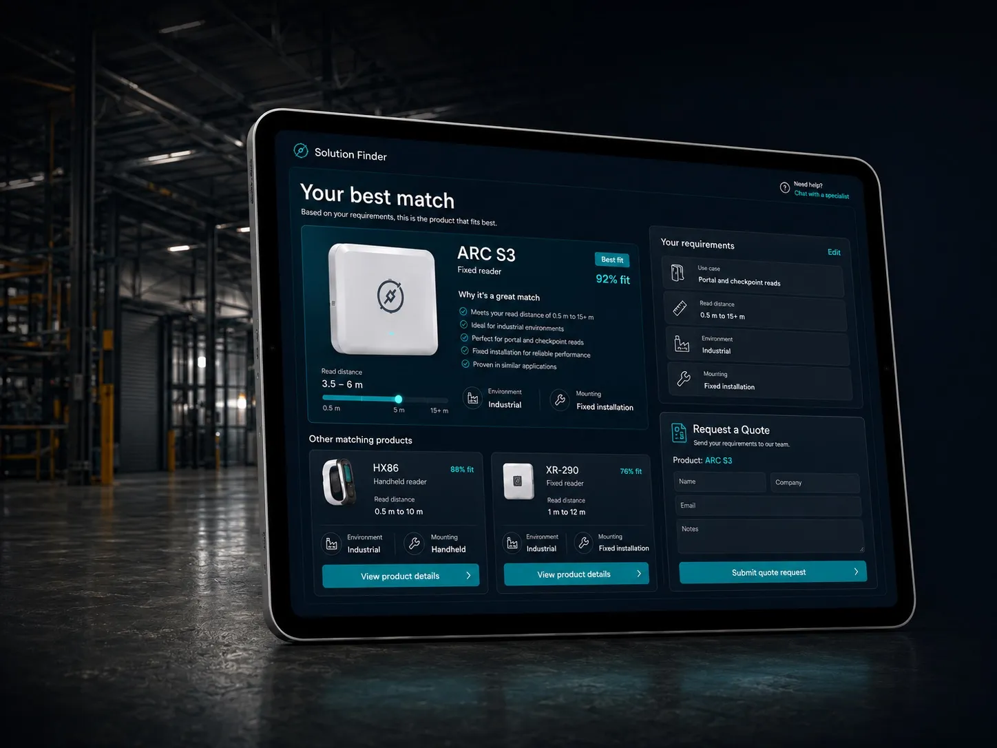 Solution Finders result screen showing recommended product matched to the customer's application