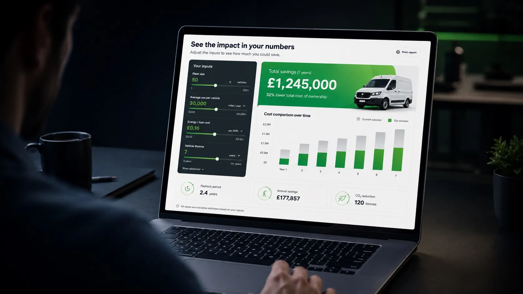 Value Calculator result screen showing customer-specific cost comparison, savings figure, and payback period