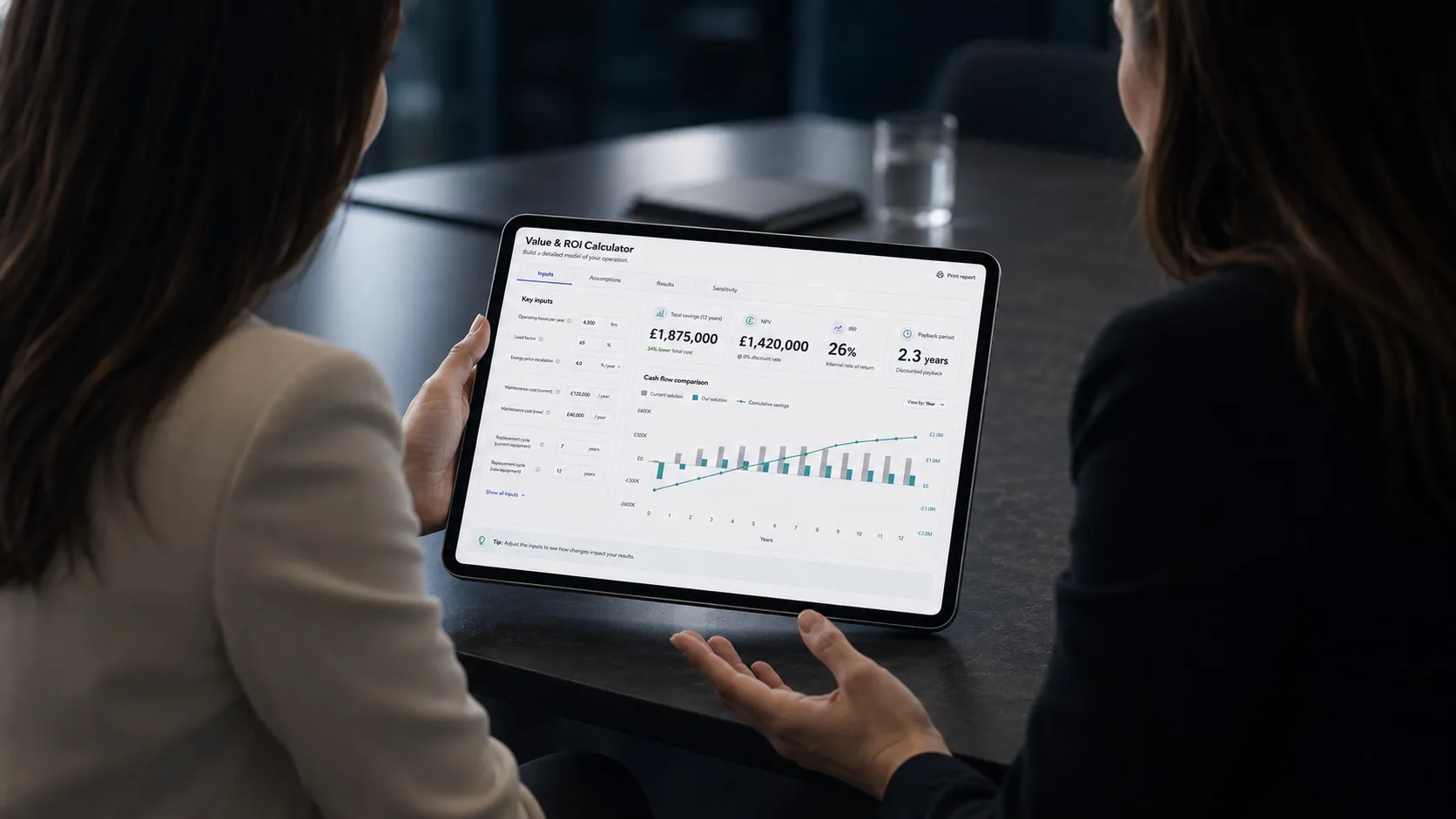 Interactive Value and ROI Calculator showing real-time cost comparison and savings output